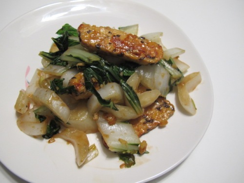 Braised bok choy with tempeh and hoisin sauce.
